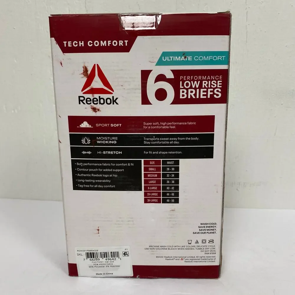 Reebok Performance Tech Comfort Low Rise Briefs Pack of 6 Red Black Size 3XL